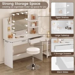 Schminktisch Mit LED-Beleuchtung Und Hocker, Frisiertisch, 108x40x142cm, Aus Holz, Weiß -Möbel Store Schminktisch LED Beleuchtung Hocker Frisiertisch aus Holz W0ETT0123 Weiss4 1280x1280