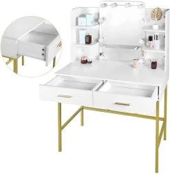 Schminktisch Mit Spiegel LED-Beleuchtung, Mit 2 Schubladen Metall Weiß Und Gold -Möbel Store Schminktisch LED Beleuchtung Kosmetiktisch Melaminplatte7 1280x1280