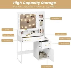 Schminktisch Mit LED-Beleuchtung Spiegel, 3 Einstellbare Helligkeiten, Weiß -Möbel Store Schminktisch LED Beleuchtung Spiegel 3 einstellbare Helligkeiten W0ETT0119 weiss4 1280x1280