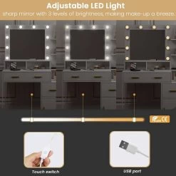 Schminktisch Mit LED-Beleuchtung Spiegel, 3 Einstellbare Helligkeiten, Weiß -Möbel Store Schminktisch LED Beleuchtung Spiegel 3 einstellbare Helligkeiten W0ETT0119 weiss5 1280x1280