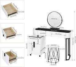WOLTU Schminktisch Mit LED, Mobiler Spiegel Samthocker Glasplatte, Weiß + Schwarz -Möbel Store Schminktisch LED Mobiler Spiegel Samthocker Glasplatte W0ETT0224 Weiss Schwarz3 1280x1280