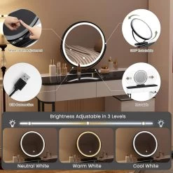 WOLTU Schminktisch Mit LED, Mobiler Spiegel Samthocker Glasplatte, Weiß + Schwarz -Möbel Store Schminktisch LED Mobiler Spiegel Samthocker Glasplatte W0ETT0224 Weiss Schwarz4 1280x1280