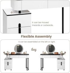 WOLTU Schminktisch Mit LED, Mobiler Spiegel Samthocker Glasplatte, Weiß + Schwarz -Möbel Store Schminktisch LED Mobiler Spiegel Samthocker Glasplatte W0ETT0224 Weiss Schwarz6 1280x1280