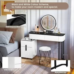 WOLTU Schminktisch Mit LED, Mobiler Spiegel Samthocker Glasplatte, Weiß + Schwarz -Möbel Store Schminktisch LED Mobiler Spiegel Samthocker Glasplatte W0ETT0224 Weiss Schwarz7 1280x1280