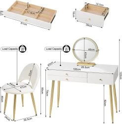Schminktisch Mit Einstellbare Spiegelleuchte,3 Schubladen, Kosmetiktisch Mit Samthocker -Möbel Store Schminktisch mit Beleuchtung Frisiertisch mit 3 Schubladen MB6105ws Creme Gold 4 1280x1280