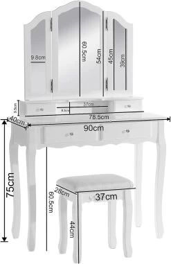 Schminktisch Mit Hocker Kosmetiktisch Mit 3 Spiegel Und 4 Schubladen, Weiß -Möbel Store Schminktisch mit Hocker 3 Spiegel 4 Schubladen MDF 90x145x40cm BxHxT MB6027cm Weiss7 1280x1280