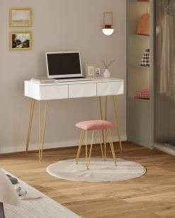 Schminktisch Mit Hocker Und 360°schwenkbar Schminkspiegel, Weiß Und Golden -Möbel Store Schminktisch mit Hocker Spiegel 360 schwenkbar mit 3 Schubladen Samthocker Z DRT68whi Weiss golden6 1280x1280