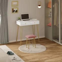 Schminktisch Mit Hocker Rundem Spiegel Und 2 Schubladen, Weiß+Golden -Möbel Store Schminktisch mit Hocker rundem Spiegel und 2 Schubladen Z DRT70whi Weiss Golden1 1280x1280