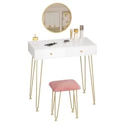 Schminktisch Mit Hocker Rundem Spiegel Und 2 Schubladen, Weiß+Golden