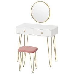 Schminktisch Mit Hocker Rundem Spiegel Und 2 Schubladen, Weiß+Golden -Möbel Store Schminktisch mit Hocker rundem Spiegel und 2 Schubladen Z DRT70whi Weiss Golden5 1280x1280
