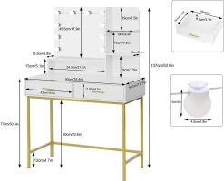 Schminktisch Mit LED-Beleuchtung Und Spiegel, 90x137x45 Cm, Weiß+Gold -Möbel Store Schminktisch mit LED Beleuchtung und Spiegel 90x137x45 cm MB6090ws Weiss Gold3 1280x1280
