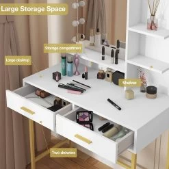 Schminktisch Mit LED-Beleuchtung Und Spiegel, 90x137x45 Cm, Weiß+Gold -Möbel Store Schminktisch mit LED Beleuchtung und Spiegel 90x137x45 cm MB6090ws Weiss Gold5 1280x1280