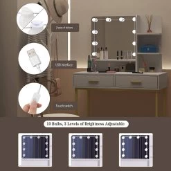 Schminktisch Mit LED-Beleuchtung Und Spiegel, 90x137x45 Cm, Weiß+Gold -Möbel Store Schminktisch mit LED Beleuchtung und Spiegel 90x137x45 cm MB6090ws Weiss Gold6 1280x1280