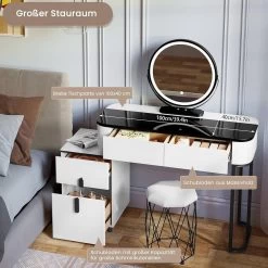 WOLTU Schminktisch Mit LED, Glasplatte, Schubladen, Seitenschrank, Weiß + Schwarz -Möbel Store Schminktisch mit LED Glasplatte Schubladen Seitenschrank W0ETT0189 Weiss Schwarz5 1280x1280