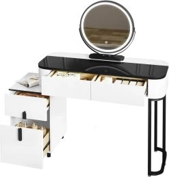 WOLTU Schminktisch Mit LED, Glasplatte, Schubladen, Seitenschrank, Weiß + Schwarz -Möbel Store Schminktisch mit LED Glasplatte Schubladen Seitenschrank W0ETT0189 Weiss Schwarz9 1280x1280