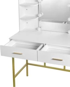 Schminktisch Mit Spiegel LED-Beleuchtung, Mit 2 Schubladen Metall Weiß Und Gold -Möbel Store Schminktisch mit Spiegel LED Beleuchtung mit 2 Schubladen Metall MB6077ws Weiss Gold1 1280x1280