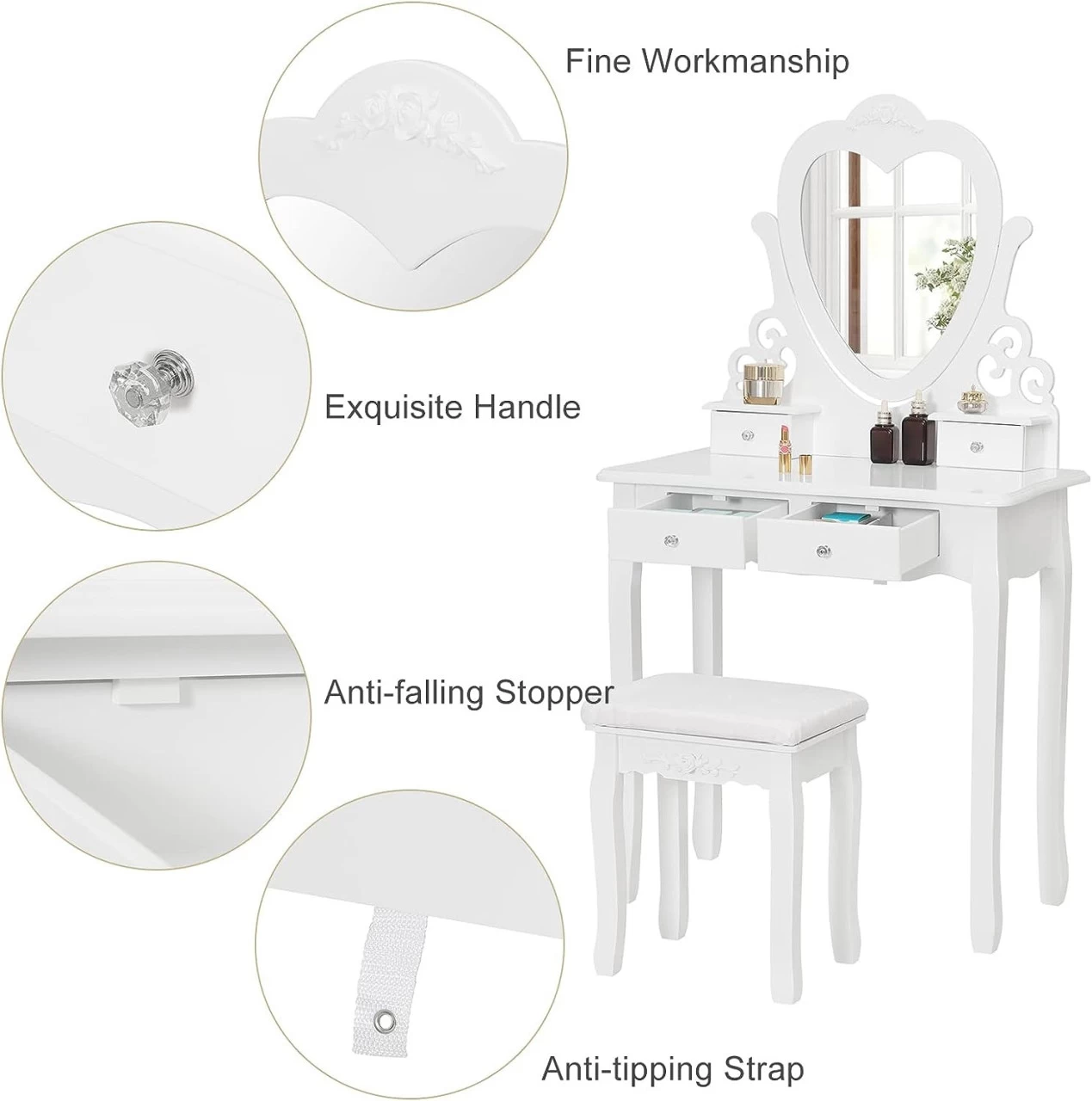 Schminktisch Mit Spiegel Und Hocker MDF Und Massives Kiefernholz Weiß 6 Schminktisch Mit Spiegel Und Hocker MDF Und Massives Kiefernholz Weiß – Bild 6