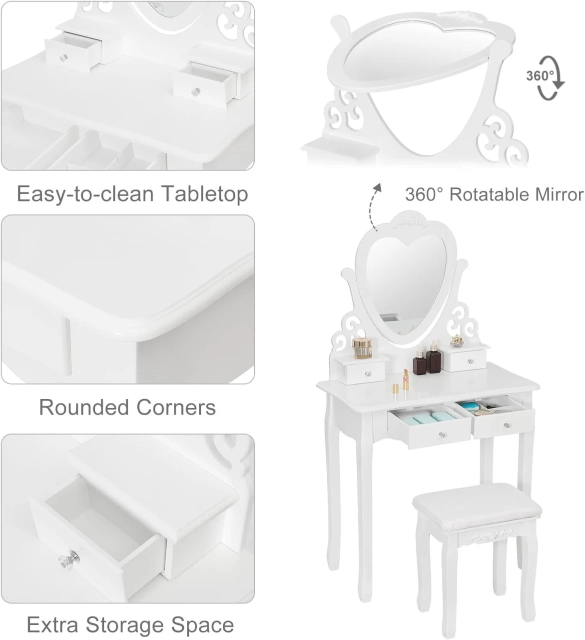 Schminktisch Mit Spiegel Und Hocker MDF Und Massives Kiefernholz Weiß 5 Schminktisch Mit Spiegel Und Hocker MDF Und Massives Kiefernholz Weiß – Bild 5