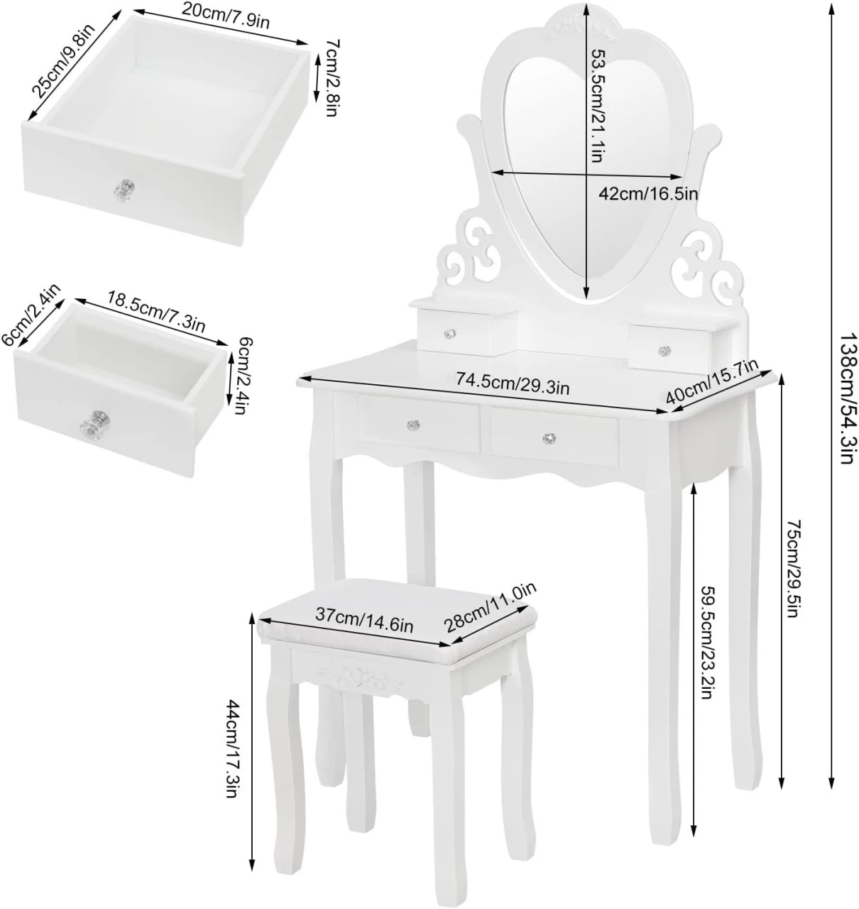 Schminktisch Mit Spiegel Und Hocker MDF Und Massives Kiefernholz Weiß 3 Schminktisch Mit Spiegel Und Hocker MDF Und Massives Kiefernholz Weiß – Bild 3