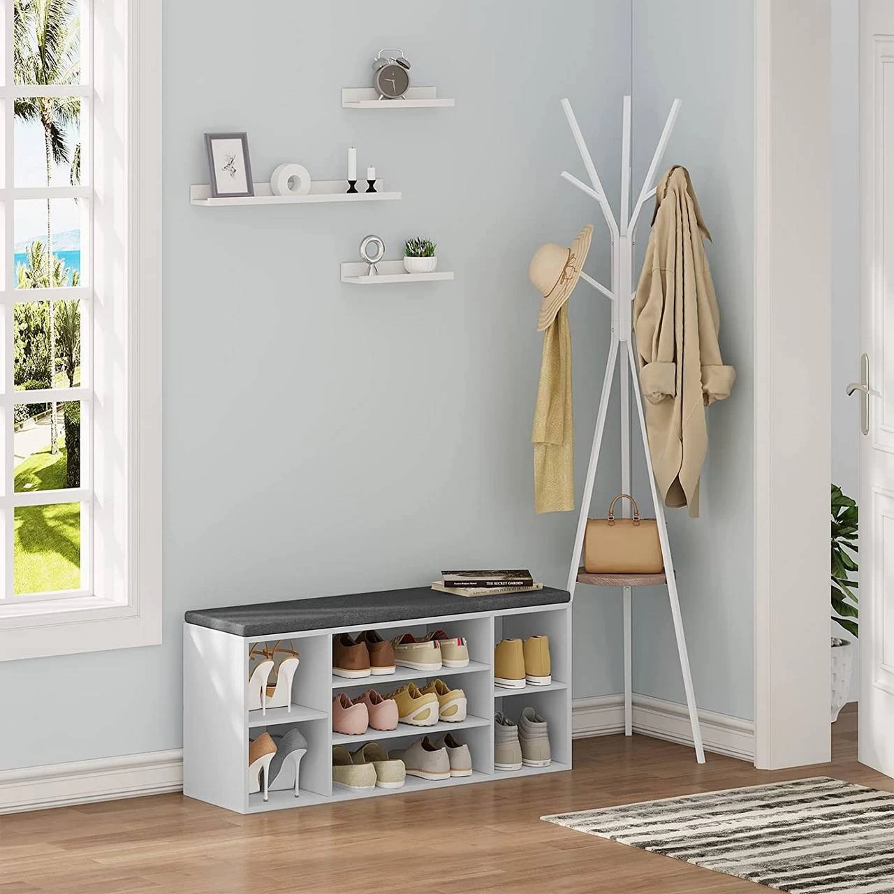 Schuhbank Weiß, Schuhregal Mit Sitzbank 7 Fächern, Aus Holzwerkstoff, 103,5x48x30 Cm 2 Schuhbank Weiß, Schuhregal Mit Sitzbank 7 Fächern, Aus Holzwerkstoff, 103,5x48x30 Cm – Bild 2