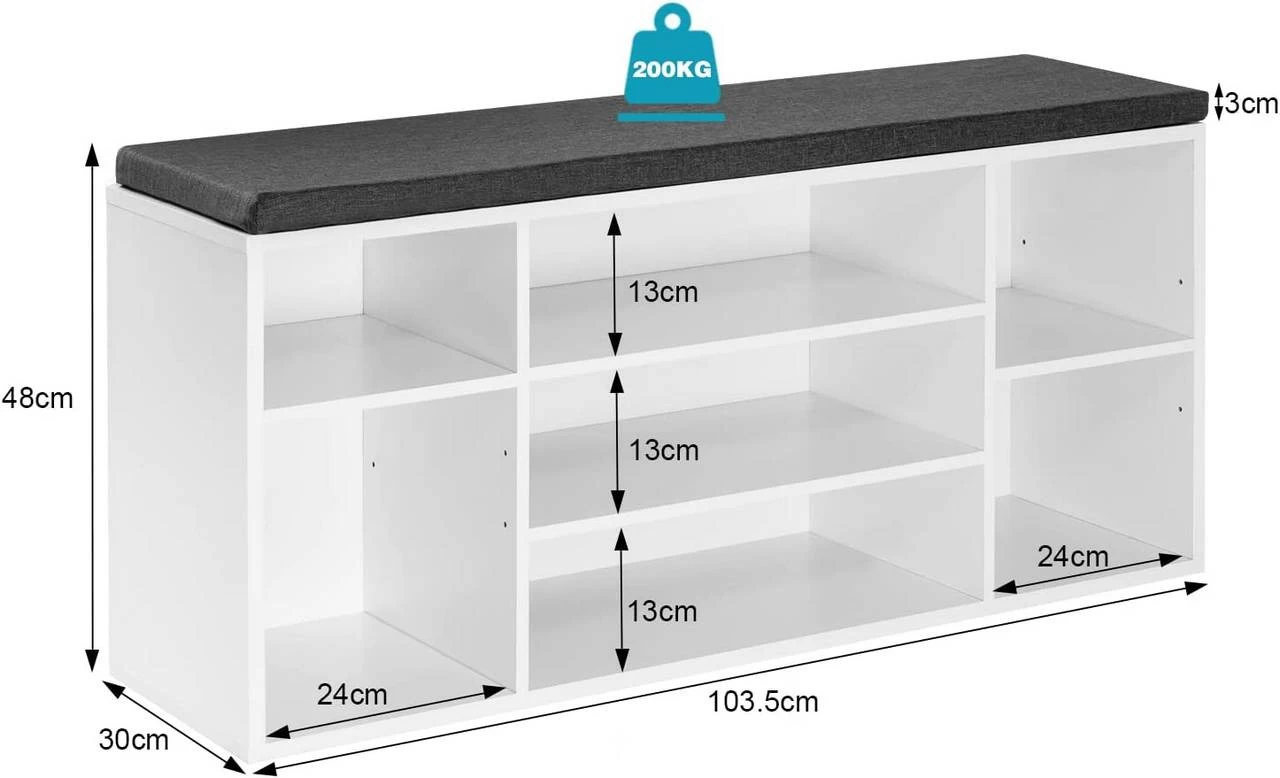 Schuhbank Weiß, Schuhregal Mit Sitzbank 7 Fächern, Aus Holzwerkstoff, 103,5x48x30 Cm 3 Schuhbank Weiß, Schuhregal Mit Sitzbank 7 Fächern, Aus Holzwerkstoff, 103,5x48x30 Cm – Bild 3