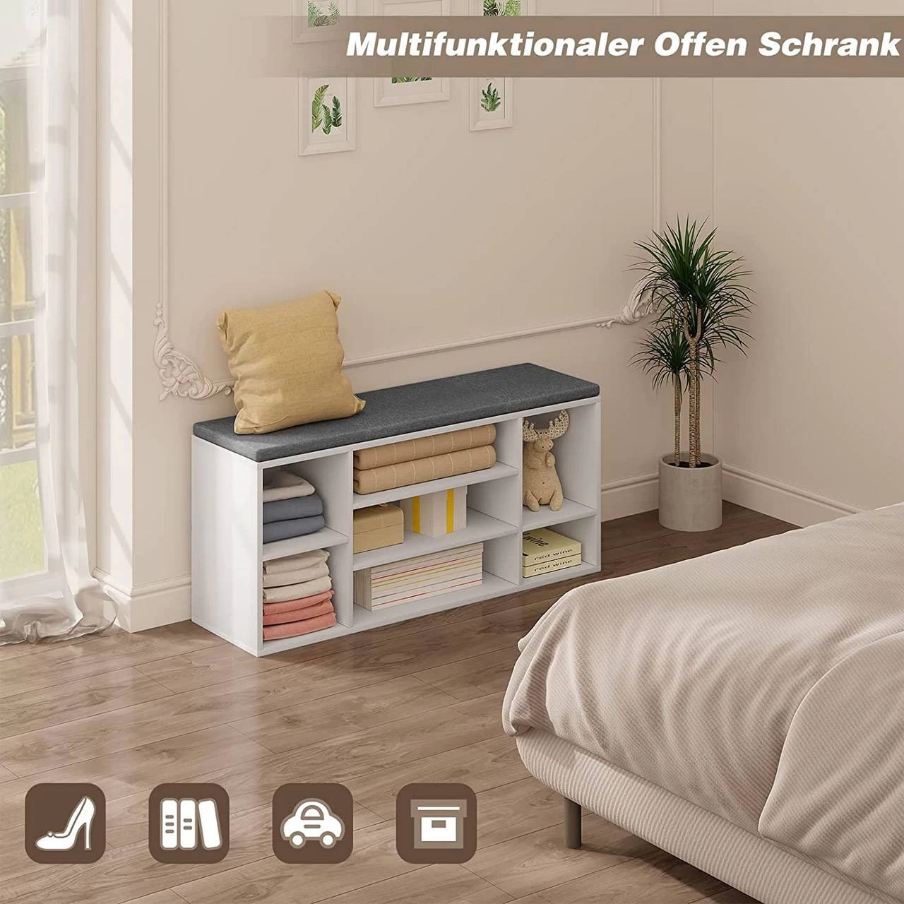 Schuhbank Weiß, Schuhregal Mit Sitzbank 7 Fächern, Aus Holzwerkstoff, 103,5x48x30 Cm 4 Schuhbank Weiß, Schuhregal Mit Sitzbank 7 Fächern, Aus Holzwerkstoff, 103,5x48x30 Cm – Bild 4