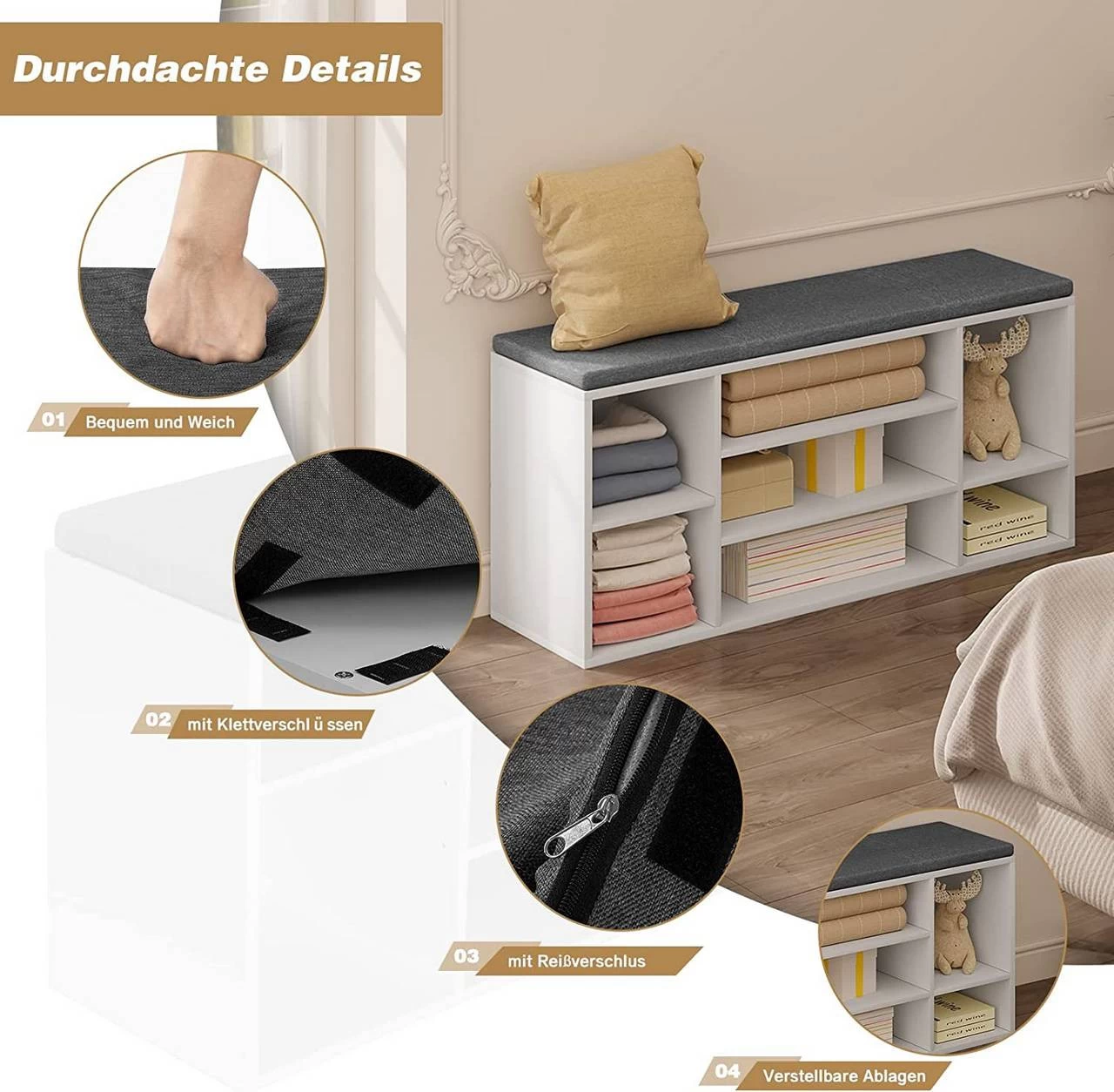 Schuhbank Weiß, Schuhregal Mit Sitzbank 7 Fächern, Aus Holzwerkstoff, 103,5x48x30 Cm 7 Schuhbank Weiß, Schuhregal Mit Sitzbank 7 Fächern, Aus Holzwerkstoff, 103,5x48x30 Cm – Bild 7