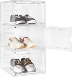 Schuhboxen Stapelbar 3er Set, Mit Magnetischer Tür, Transparent Aus Kunststoff