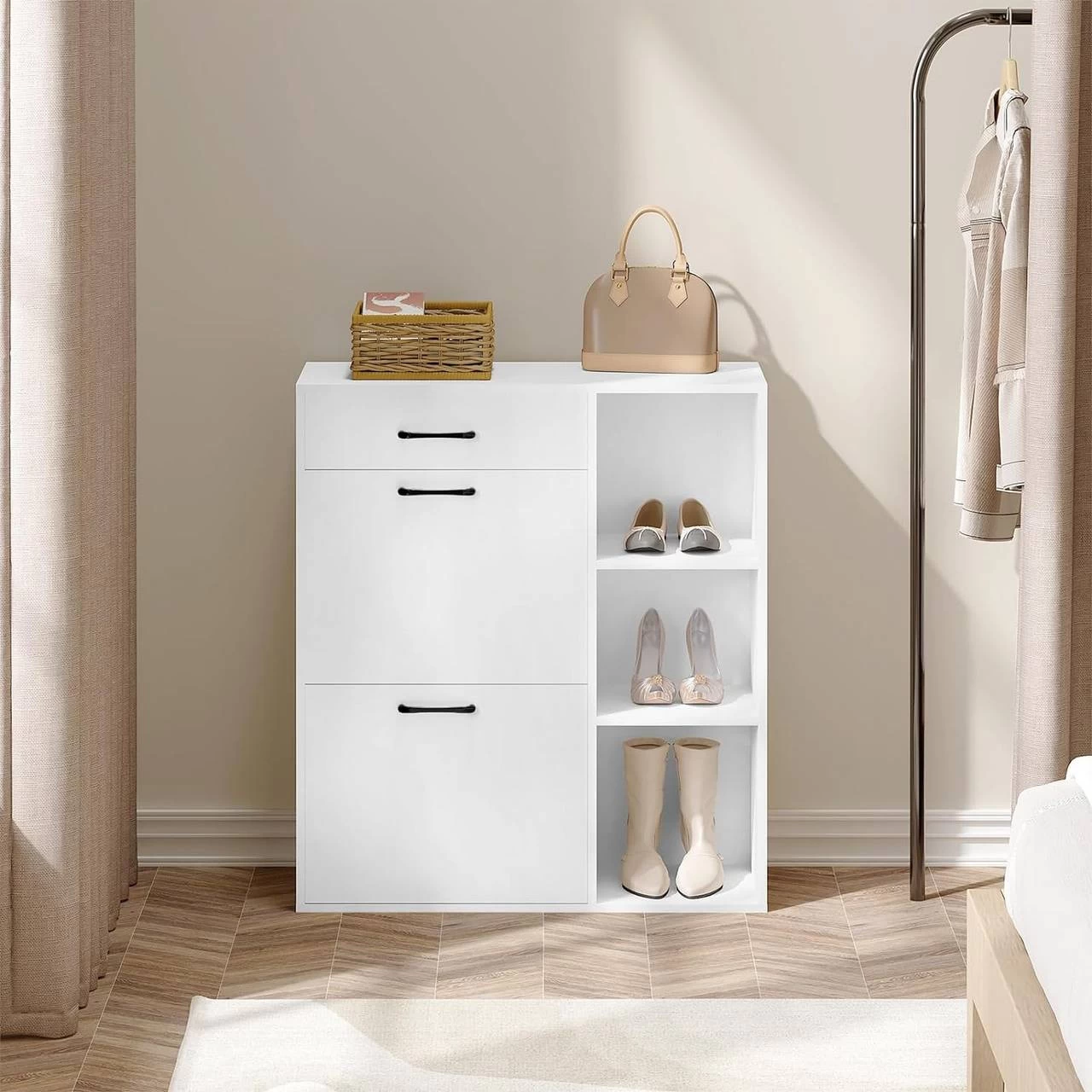 WOLTU Schuhkipper, Schuhschrank Mit 2 Klappfächern, Platzsparend, Aus Holzwerkstoff, Weiß 2 WOLTU Schuhkipper, Schuhschrank Mit 2 Klappfächern, Platzsparend, Aus Holzwerkstoff, Weiß – Bild 2