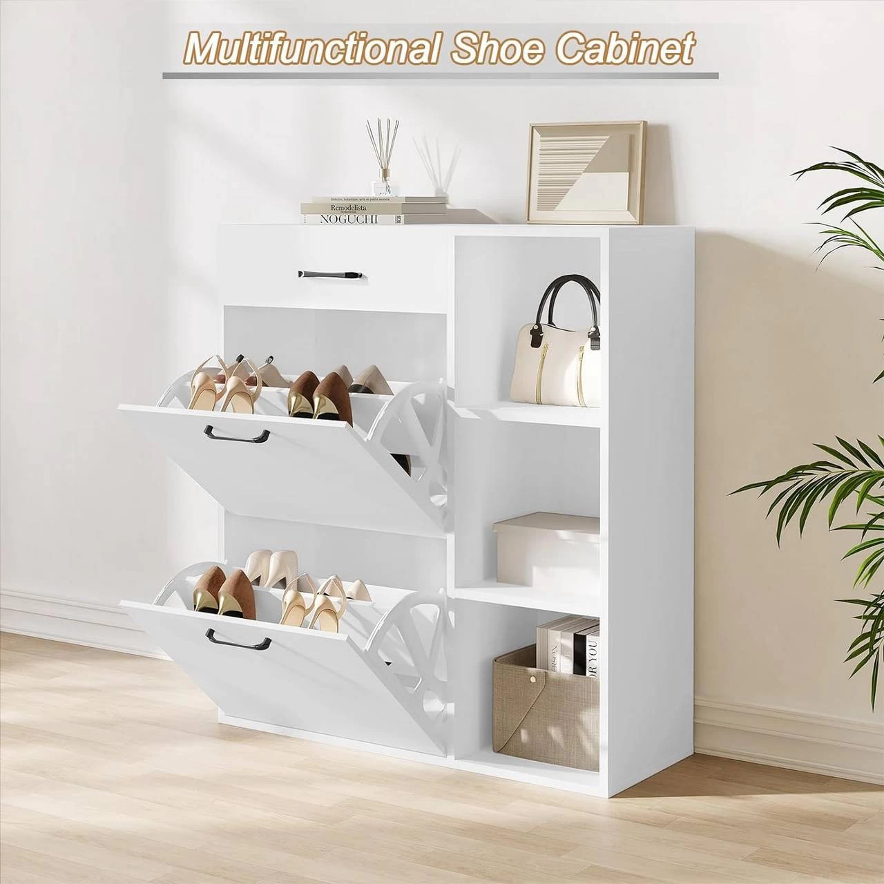 WOLTU Schuhkipper, Schuhschrank Mit 2 Klappfächern, Platzsparend, Aus Holzwerkstoff, Weiß 4 WOLTU Schuhkipper, Schuhschrank Mit 2 Klappfächern, Platzsparend, Aus Holzwerkstoff, Weiß – Bild 4