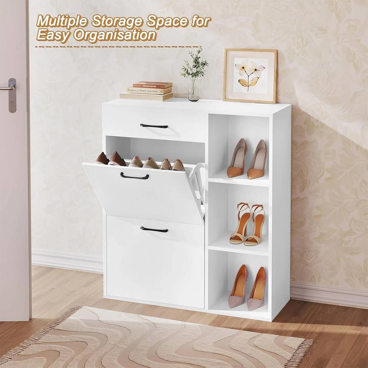 WOLTU Schuhkipper, Schuhschrank Mit 2 Klappfächern, Platzsparend, Aus Holzwerkstoff, Weiß 5 WOLTU Schuhkipper, Schuhschrank Mit 2 Klappfächern, Platzsparend, Aus Holzwerkstoff, Weiß – Bild 5