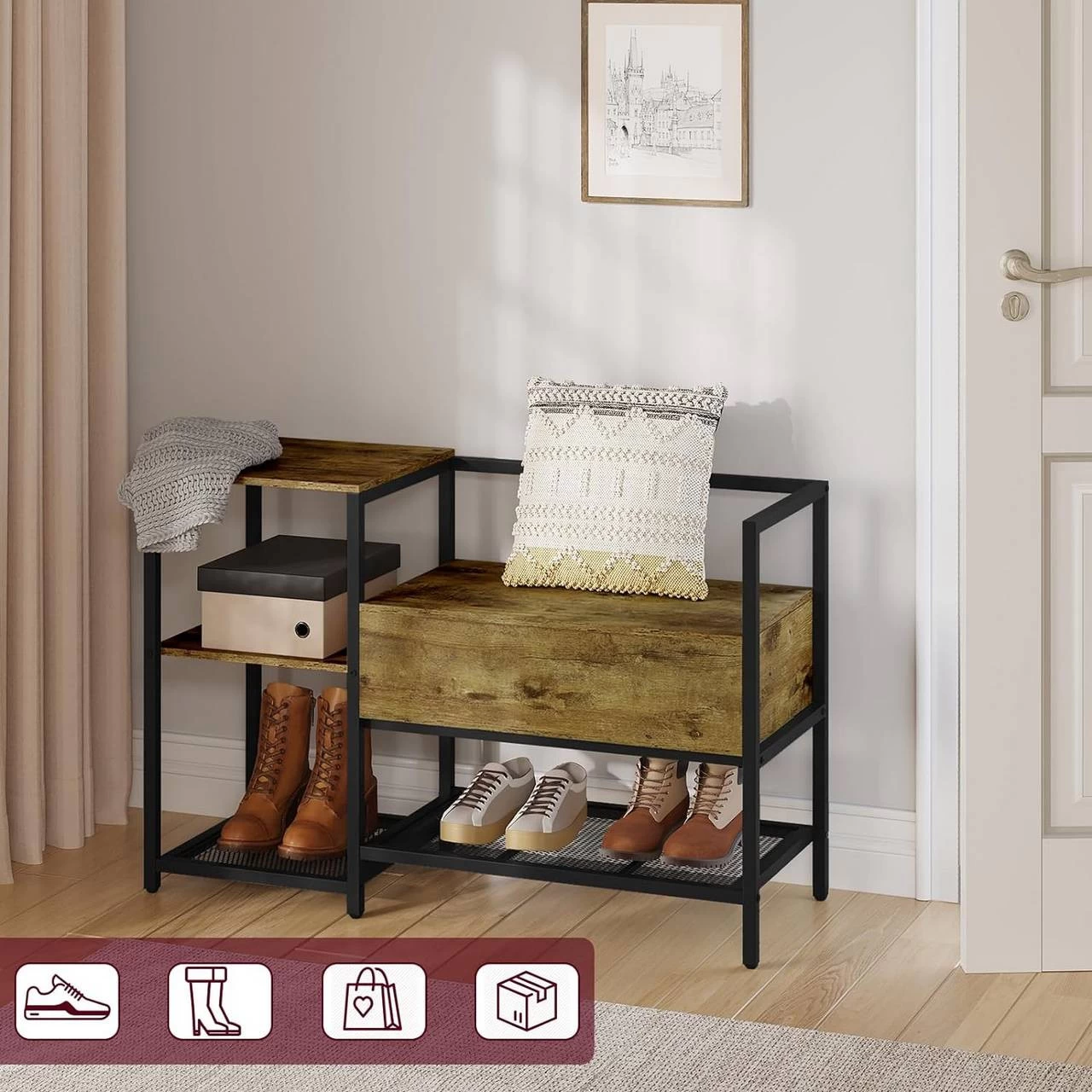 WOLTU Schuhregal Mit Sitzfläche, Schuhschrank Aus Metall MDF, Schwarz Vintagebraun 2 WOLTU Schuhregal Mit Sitzfläche, Schuhschrank Aus Metall MDF, Schwarz Vintagebraun – Bild 2