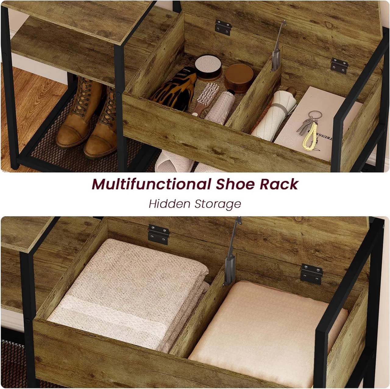 WOLTU Schuhregal Mit Sitzfläche, Schuhschrank Aus Metall MDF, Schwarz Vintagebraun 6 WOLTU Schuhregal Mit Sitzfläche, Schuhschrank Aus Metall MDF, Schwarz Vintagebraun – Bild 6