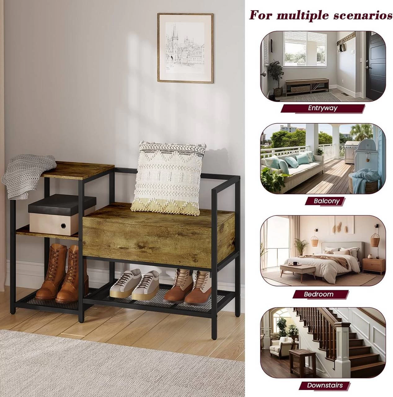 WOLTU Schuhregal Mit Sitzfläche, Schuhschrank Aus Metall MDF, Schwarz Vintagebraun 7 WOLTU Schuhregal Mit Sitzfläche, Schuhschrank Aus Metall MDF, Schwarz Vintagebraun – Bild 7