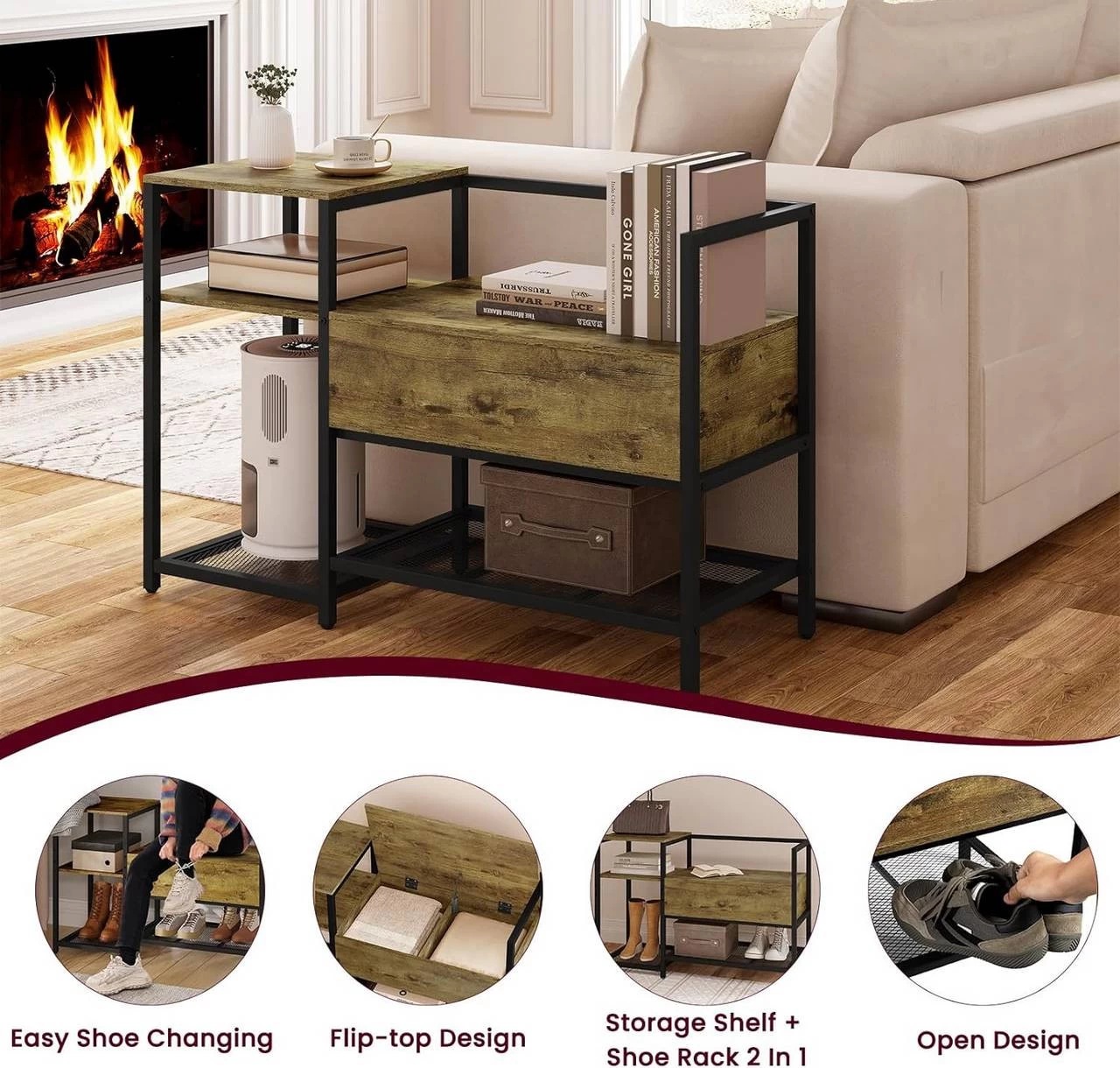 WOLTU Schuhregal Mit Sitzfläche, Schuhschrank Aus Metall MDF, Schwarz Vintagebraun 8 WOLTU Schuhregal Mit Sitzfläche, Schuhschrank Aus Metall MDF, Schwarz Vintagebraun – Bild 8
