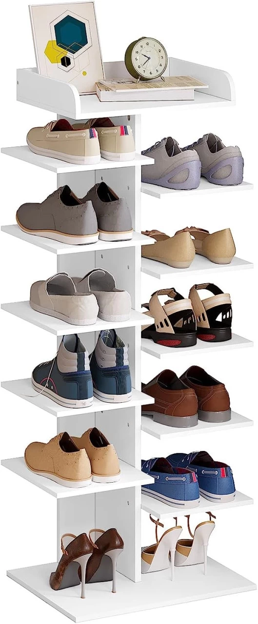 Schuhregal Mit 12 Ebenen, Weißer Schuhschrank Für Flur, Aus Holzwerkstoff 1 Schuhregal Mit 12 Ebenen, Weißer Schuhschrank Für Flur, Aus Holzwerkstoff