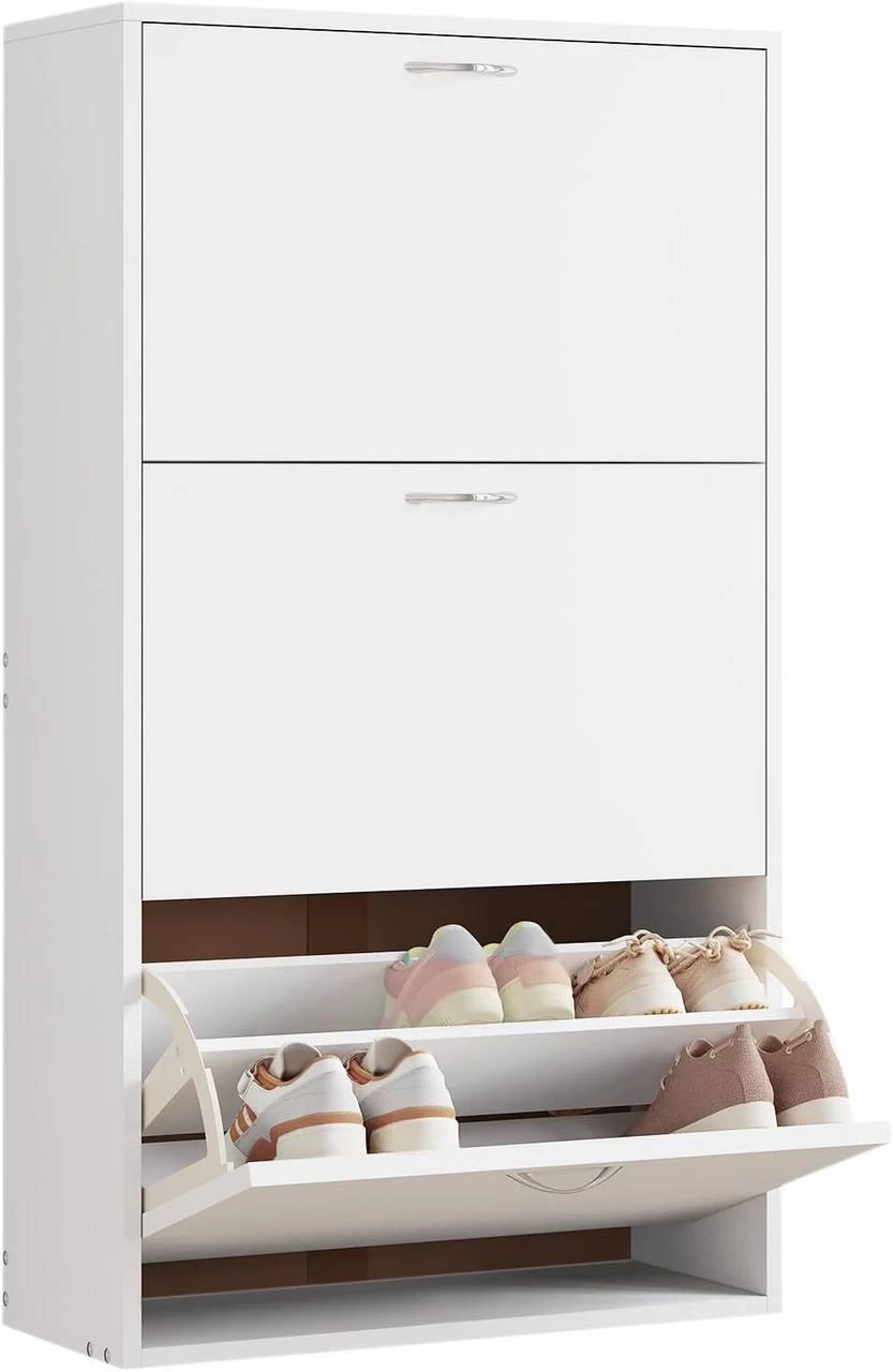 Schuhschrank Schmal Hoch, Schuhkommode Mit 3 Klappen, Aus MDF, Weiß 1 Schuhschrank Schmal Hoch, Schuhkommode Mit 3 Klappen, Aus MDF, Weiß