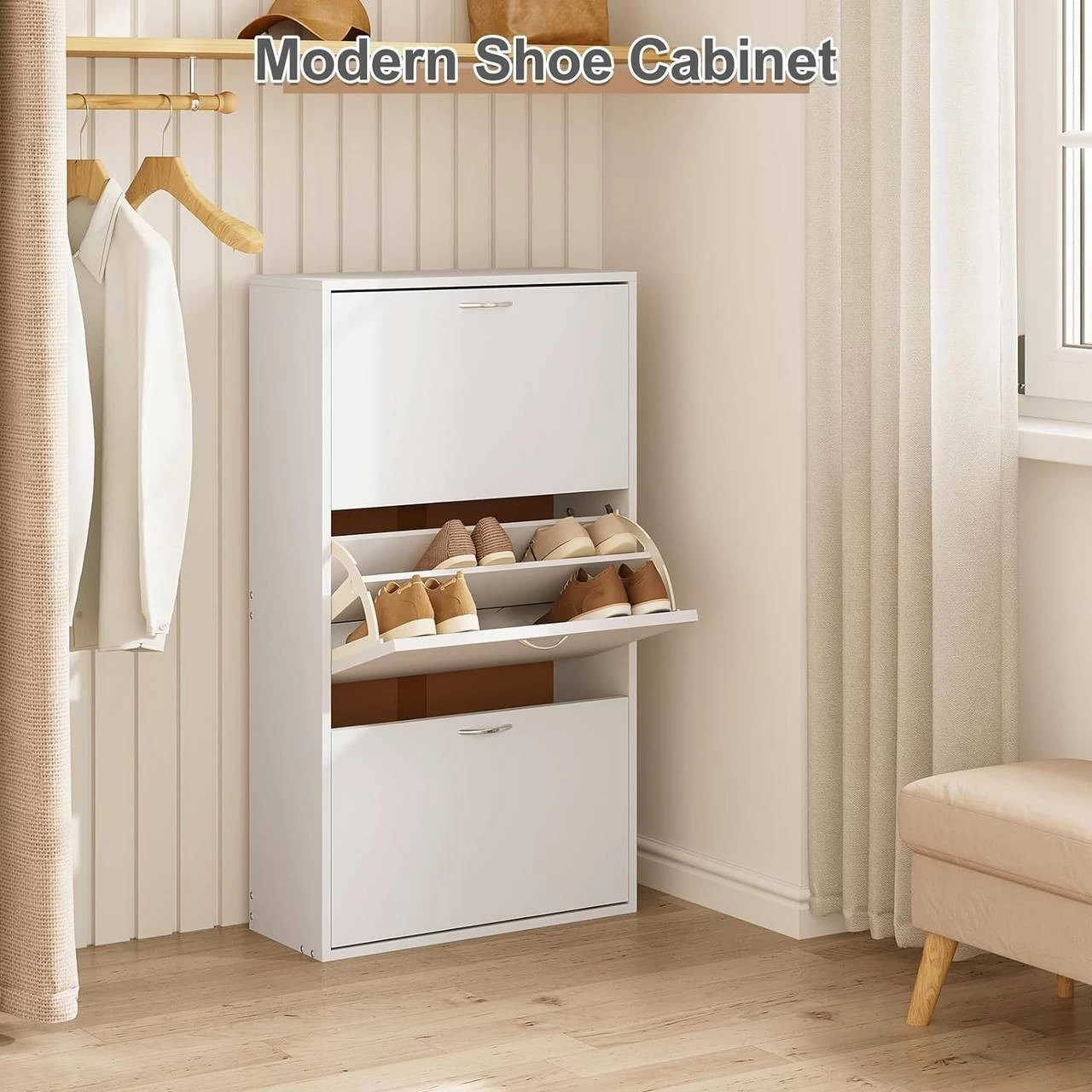 Schuhschrank Schmal Hoch, Schuhkommode Mit 3 Klappen, Aus MDF, Weiß 5 Schuhschrank Schmal Hoch, Schuhkommode Mit 3 Klappen, Aus MDF, Weiß – Bild 5