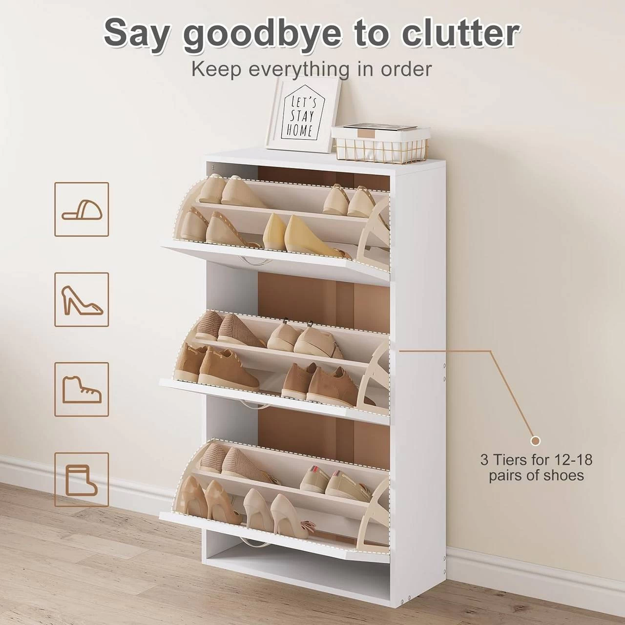 Schuhschrank Schmal Hoch, Schuhkommode Mit 3 Klappen, Aus MDF, Weiß 6 Schuhschrank Schmal Hoch, Schuhkommode Mit 3 Klappen, Aus MDF, Weiß – Bild 6