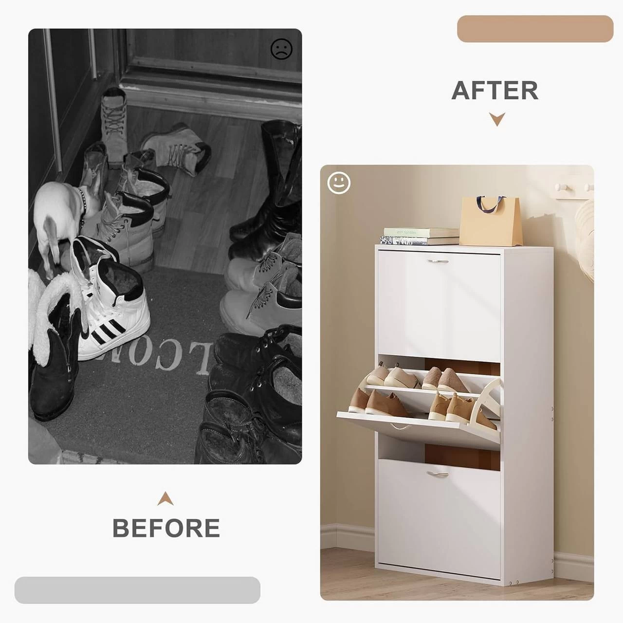 Schuhschrank Schmal Hoch, Schuhkommode Mit 3 Klappen, Aus MDF, Weiß 8 Schuhschrank Schmal Hoch, Schuhkommode Mit 3 Klappen, Aus MDF, Weiß – Bild 8