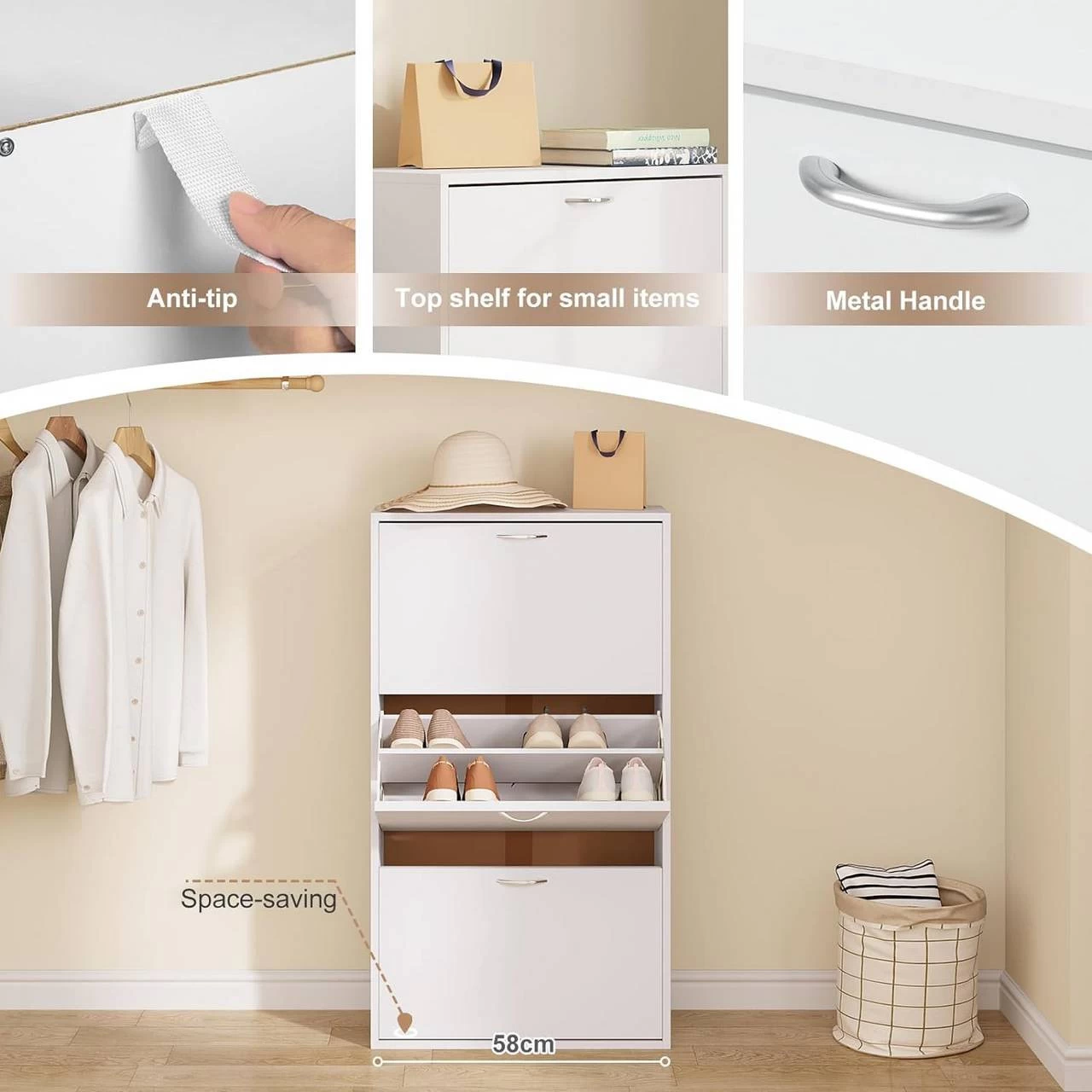 Schuhschrank Schmal Hoch, Schuhkommode Mit 3 Klappen, Aus MDF, Weiß 9 Schuhschrank Schmal Hoch, Schuhkommode Mit 3 Klappen, Aus MDF, Weiß – Bild 9