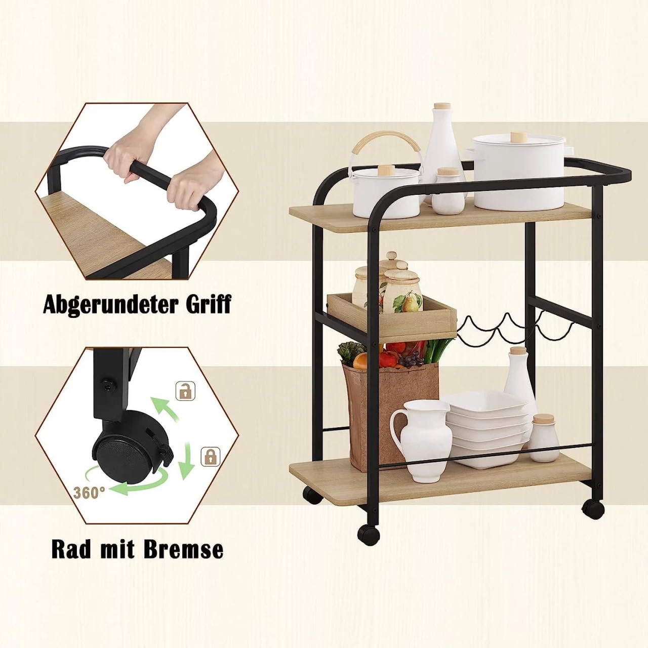 Servierwagen, Küchenwagen Auf Rollen, Mit 3 Ablagen 2 Bremsen 7 Servierwagen, Küchenwagen Auf Rollen, Mit 3 Ablagen 2 Bremsen – Bild 7