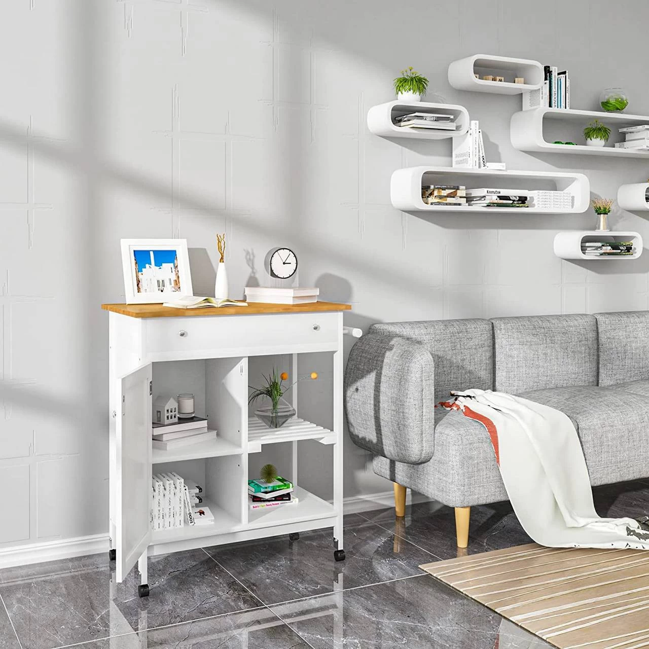 Servierwagen Küchenwagen Küchentrolley Aus Bambus Weiß 75x89x44 Cm 4 Servierwagen Küchenwagen Küchentrolley Aus Bambus Weiß 75x89x44 Cm – Bild 4