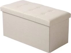 Sitzhocker Mit Stauraum Gepolsterte Sitzfläche Aus Leinen, 76x37,5x38 Cm