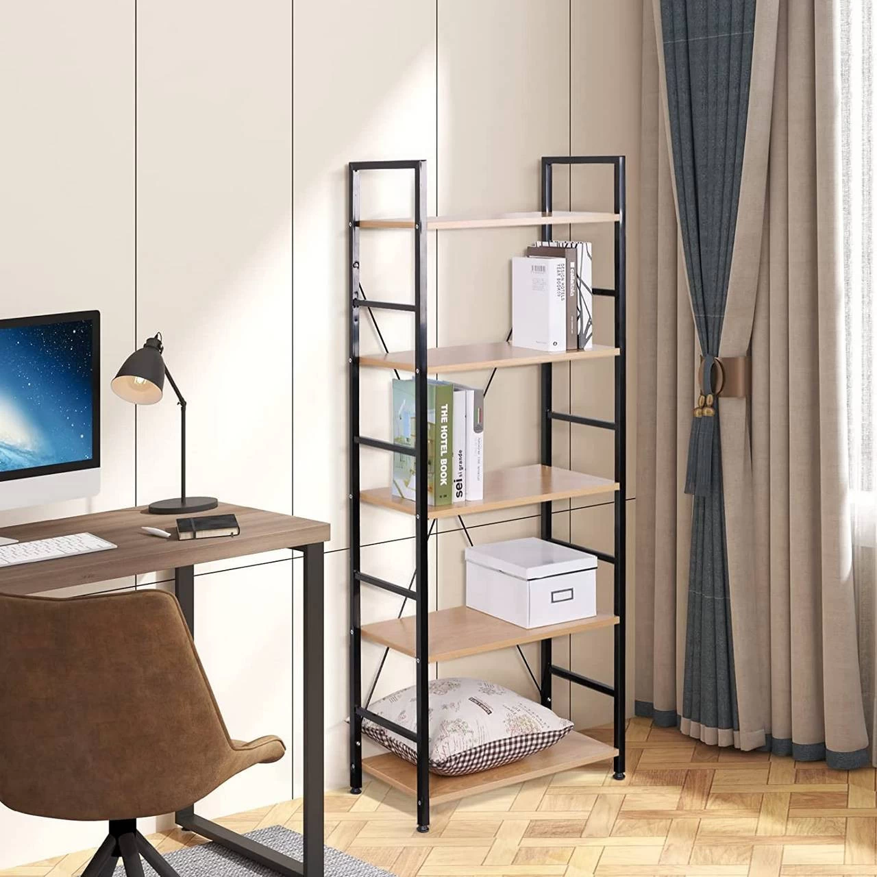 Standregal Haushaltsregal Bücherregal Lagerregal 5 Ablagen Holz Stahl 2 Standregal Haushaltsregal Bücherregal Lagerregal 5 Ablagen Holz Stahl – Bild 2