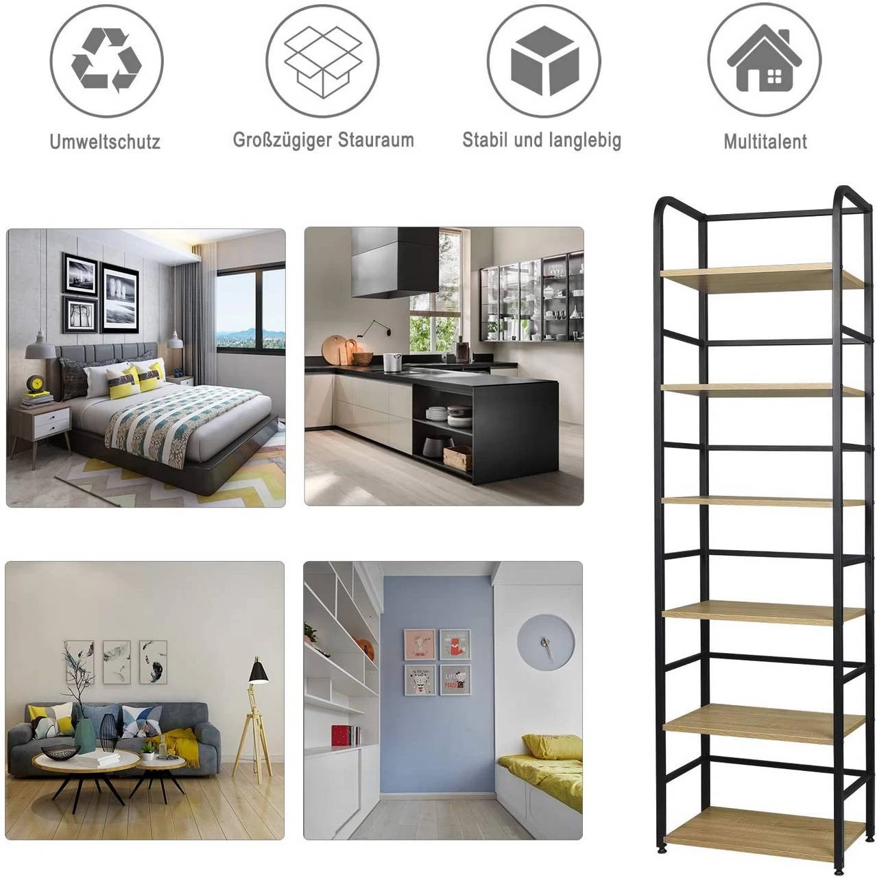 Standregal Metallregal Eckregal Hochregal 6 Ablage, 50x30x176cm, Hell Eiche 7 Standregal Metallregal Eckregal Hochregal 6 Ablage, 50x30x176cm, Hell Eiche – Bild 7