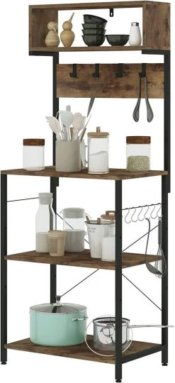 Standregal Mit 10 Haken Küchenregal Mit 5 Etagen, Aus Metall Holzwerkstoff, 60x152x38 Cm