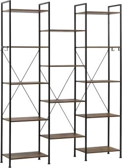 WOLTU Standregal Mit 14 Ablagen 4 Haken, Aus Metall Holzwerkstoff, Vintage-Holzoptik