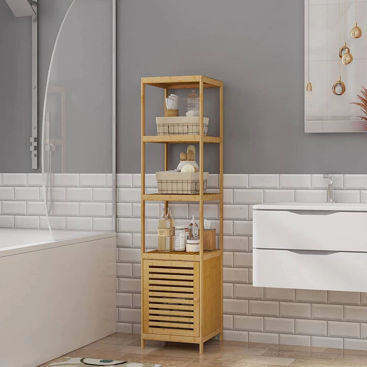 Standregal Mit 5 Ablageflächen & Stauraum Aus Bambus 5 Standregal Mit 5 Ablageflächen & Stauraum Aus Bambus – Bild 5