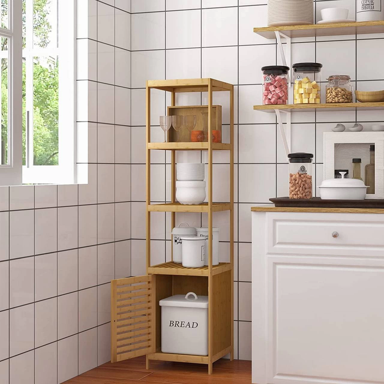 Standregal Mit 5 Ablageflächen & Stauraum Aus Bambus 4 Standregal Mit 5 Ablageflächen & Stauraum Aus Bambus – Bild 4